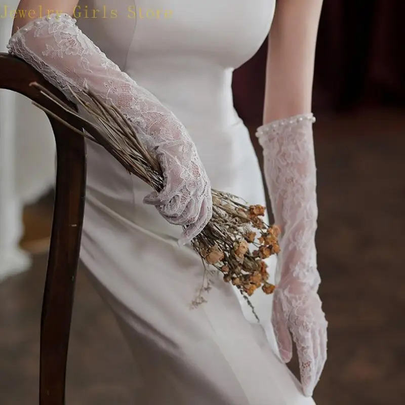 E56F Bride Sleeve with Pearls Gloves Wedding Hair Accessories White Wedding Gloves Sleeve Elaborate Sleeve 250603