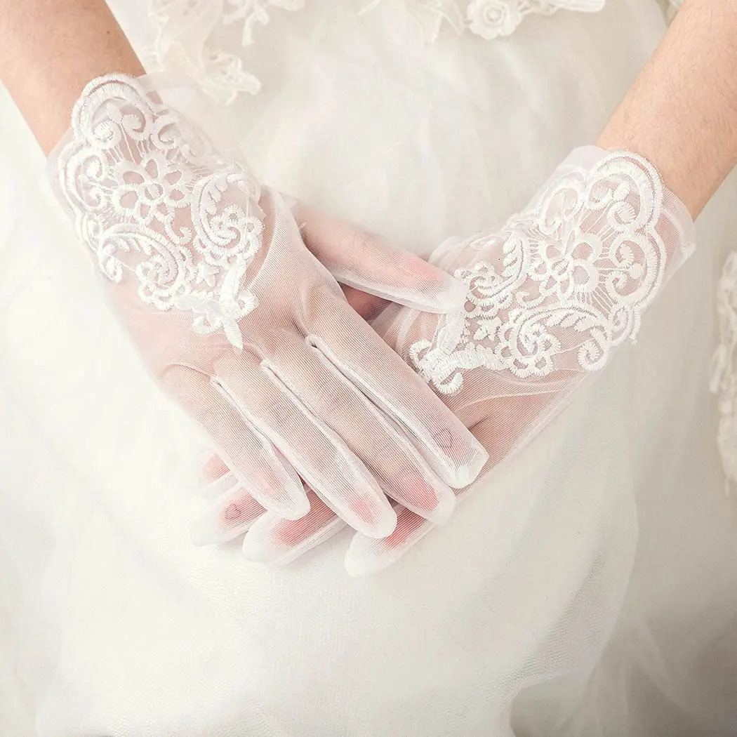 Tulle Wedding Gloves Short Bride Ivory Lace Tea Party Bridal Accessories for Women and Girls 250603