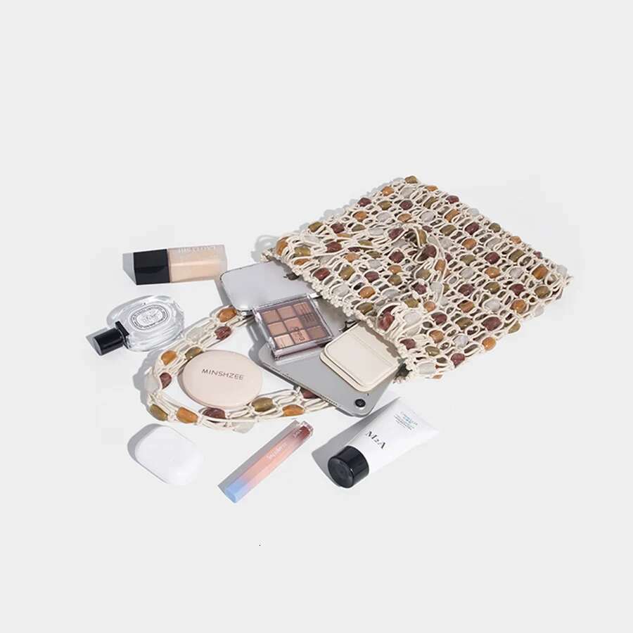 Women Hand-Woven Beaded Design Color-Blocking Tote Patchwork Net Woven Shoulder Bag Summer Hollow-Out Beach Handbag Bolsa