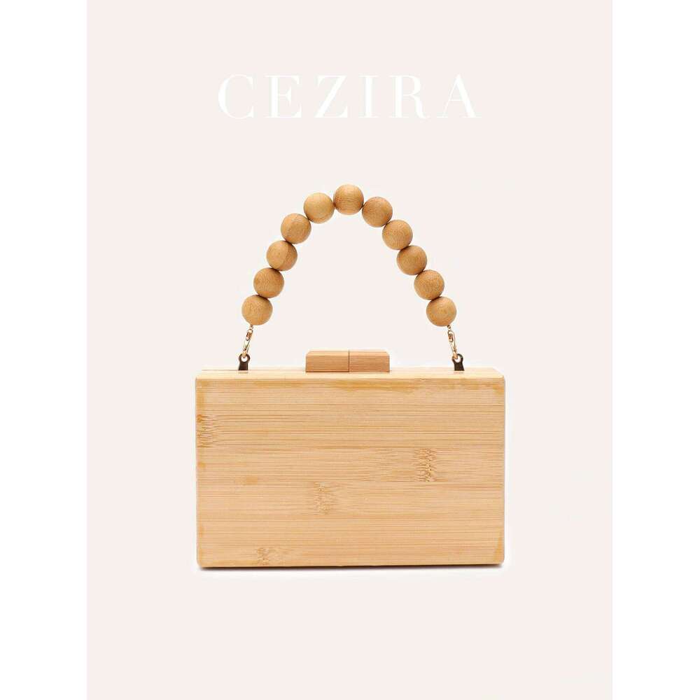 CR Summer Vacation Women's Fashion Elegant Bamboo Clutch Square Handbag Wood Beaded Handle Long Chain Cross Body Evening Purse