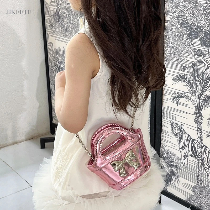 Princess Kids Crossbody Bag Trendy Shiny PU Bow Girls Fashion Laser Handbag Purse for Girls 250605