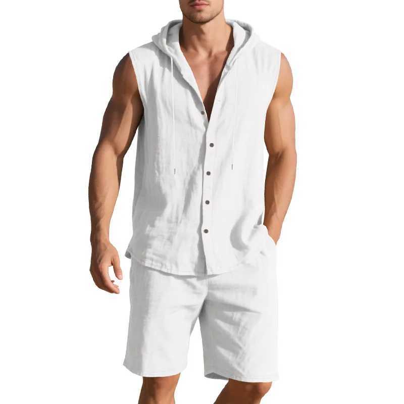 2025 Summer European and American Men Leisure Set Loose Linen Leisure Simple Hooded Sleeveless Shirt Shorts Two-Piece Suit W250609