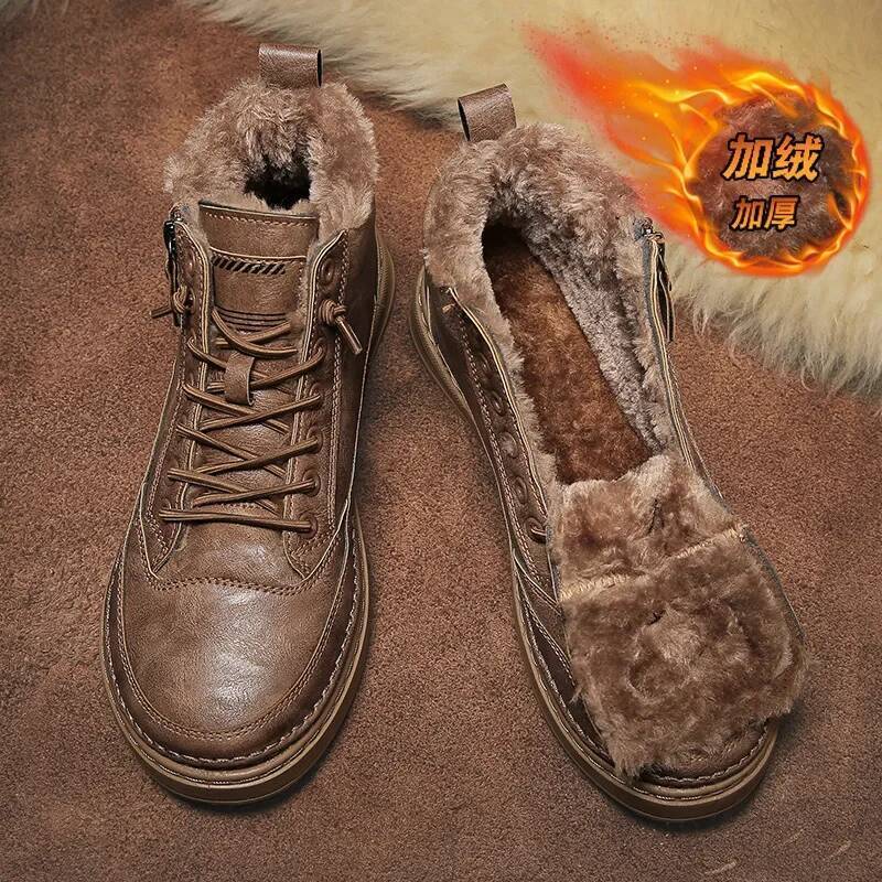 Ddmyoutdoor Leather Men S Boots Winter Platform Warm Fur Ankle Short Lace Up Fashion Novelty Concise Casual Work Shoes Botas Outdoor Shoes