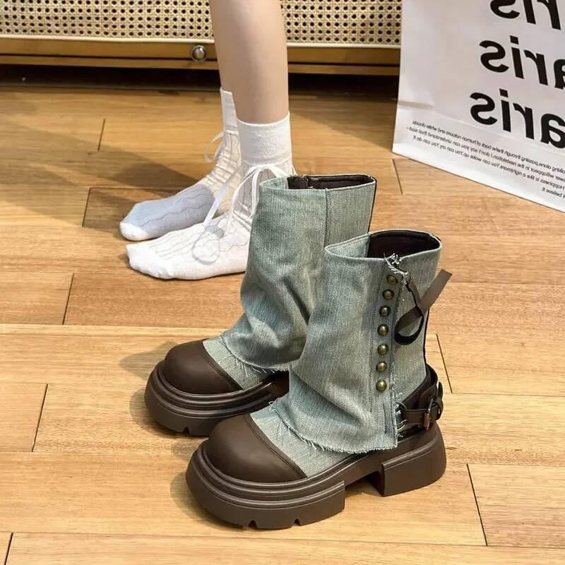 Ddmyoutdoor Women British Fashion Pants Leg New Thick Soled Rivet Zipper Belt Buckle Platform Anti Slip Cowboy Short Boots Outdoor Shoes