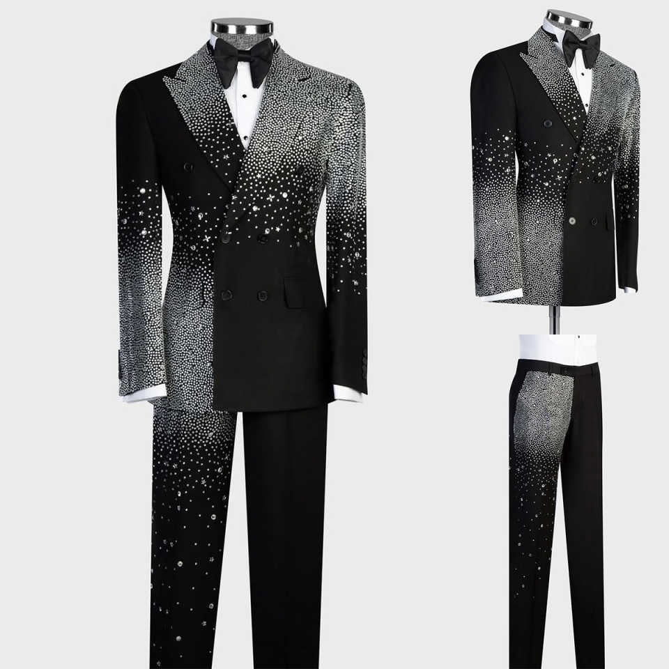 Noble Beaded Wedding Tuxedos 2 Piece Set Jacket Pants Handmade Men Suit Peaked Lapel Customized Groom Wear Party Suits