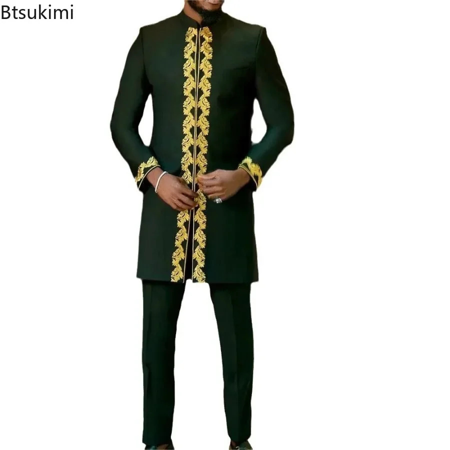 Elegant Mens Muslim Sets African Style Kaftan High-end Embroidery Casual 2 Pieces Festive Wedding Traditional Men Clothes 250603