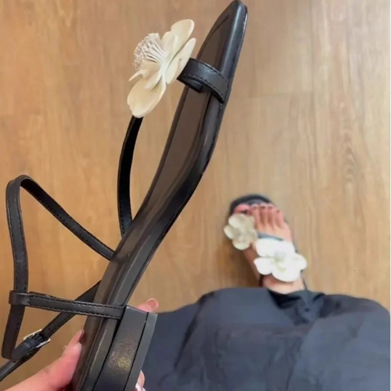 Womens Spring and Summer Soft Leather Soft Sole Beach Open Toe Square Heel Shoes Flower Strap Sandals 250605