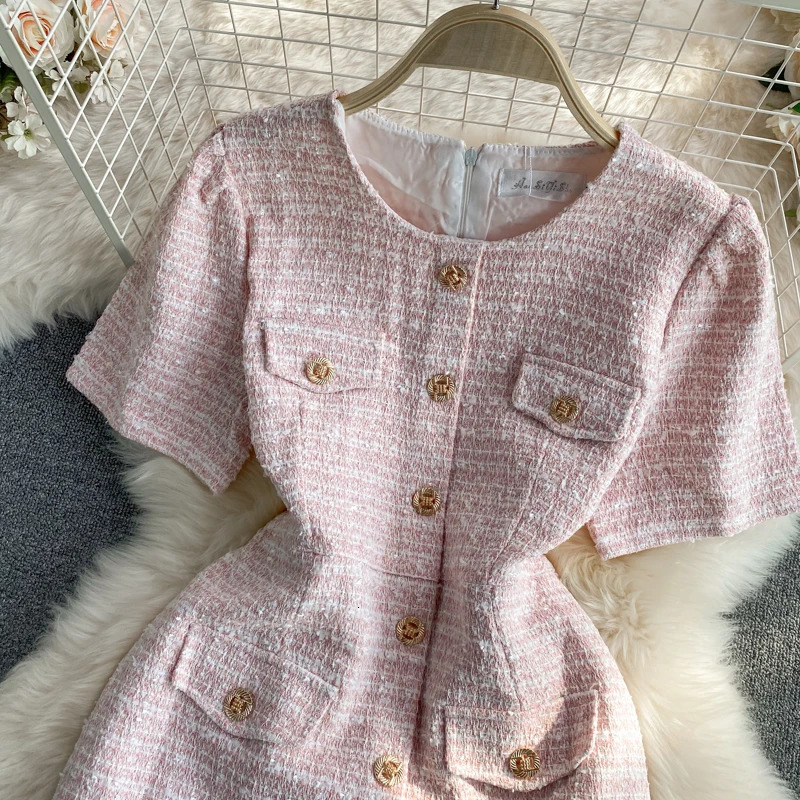 OCEANLOVE Tweed Vestidos Single Breasted Korean Fashion Summer Elegant Women Dresses Short Sleeve Vintage Sexy Mini Dress 250603