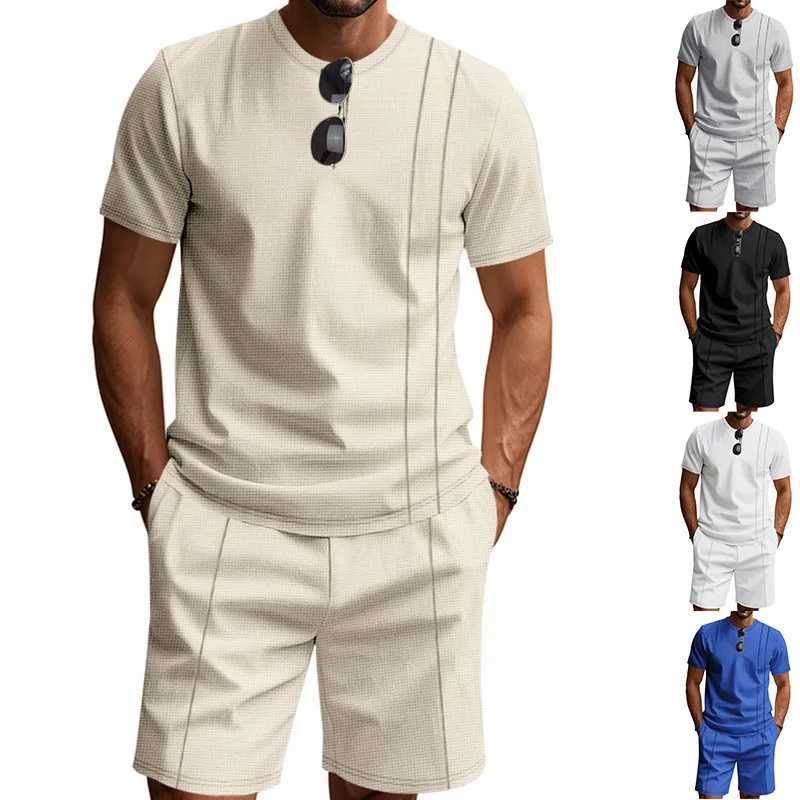 Summer American Waffle Round-Neck Mens Suit 2025 Loose Ins Style Simple Short Sleeve Top And Shorts Set for Casual Wear W250609