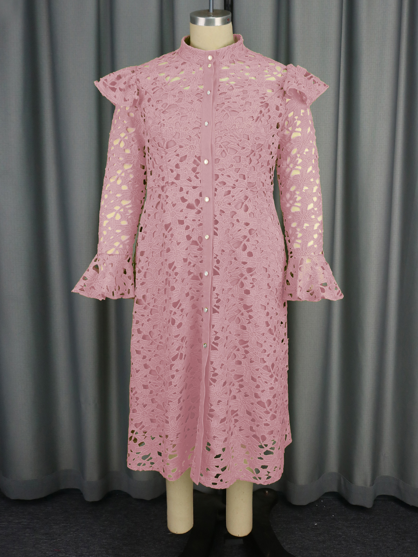 Elegant Women Plus Size Yellow Green Two Piece Sets Cutout Lace Straight Dress Full Trumpet Sleeve Stand Collar Midi Length Daily Wear AM040851SET