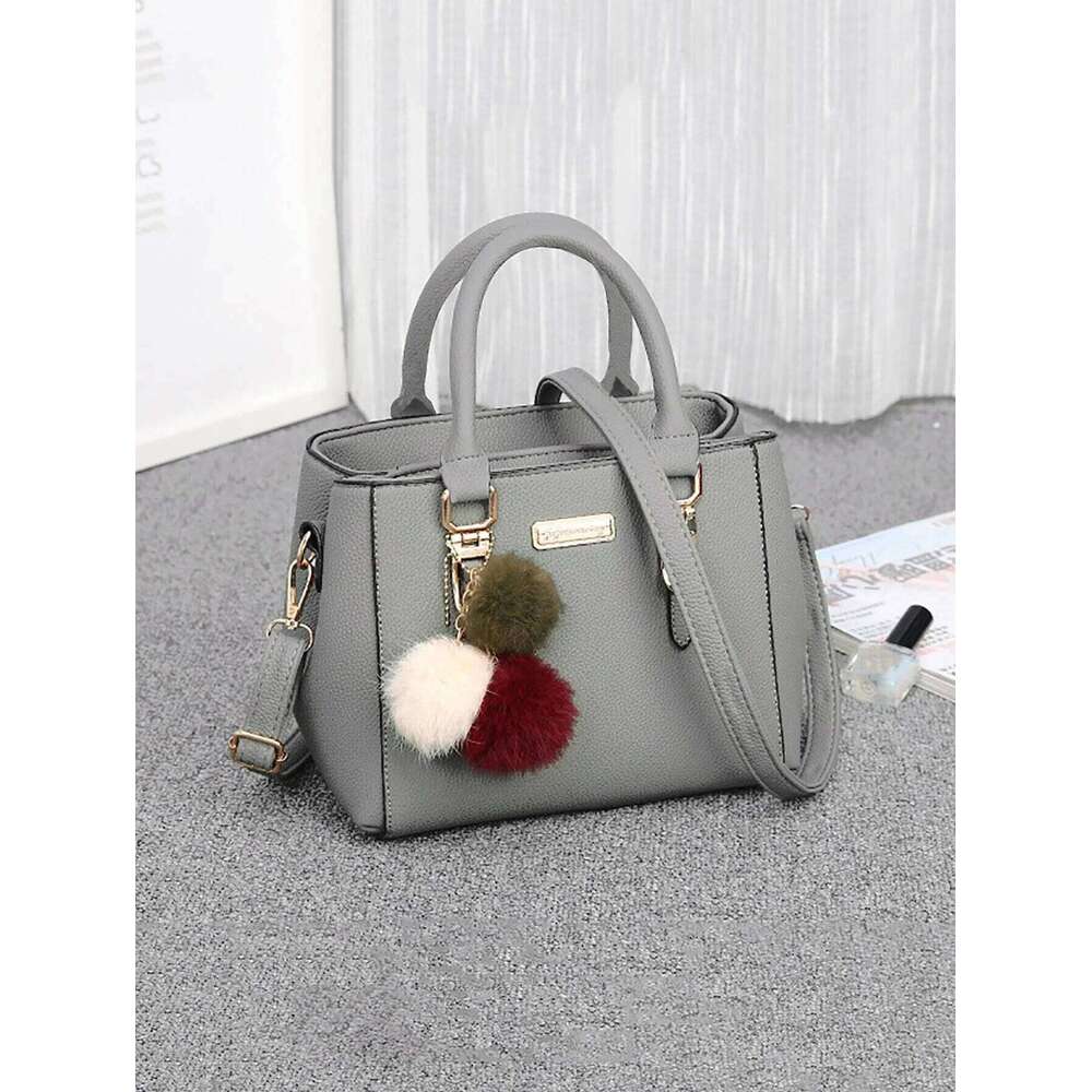 Waterproof,Lightweight,Business Casual Trendy Double Handle Satchel Bag, Pompom & Metal Decor Purse, Women's PU Crossbody Bag Pe
