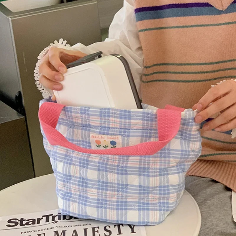 Plaid Lunch Bag Women Thermal Big Capacity Drawstring Lunch Box Tote Food Bags Office Worker Portable Insulated Food Storage Bag 250606