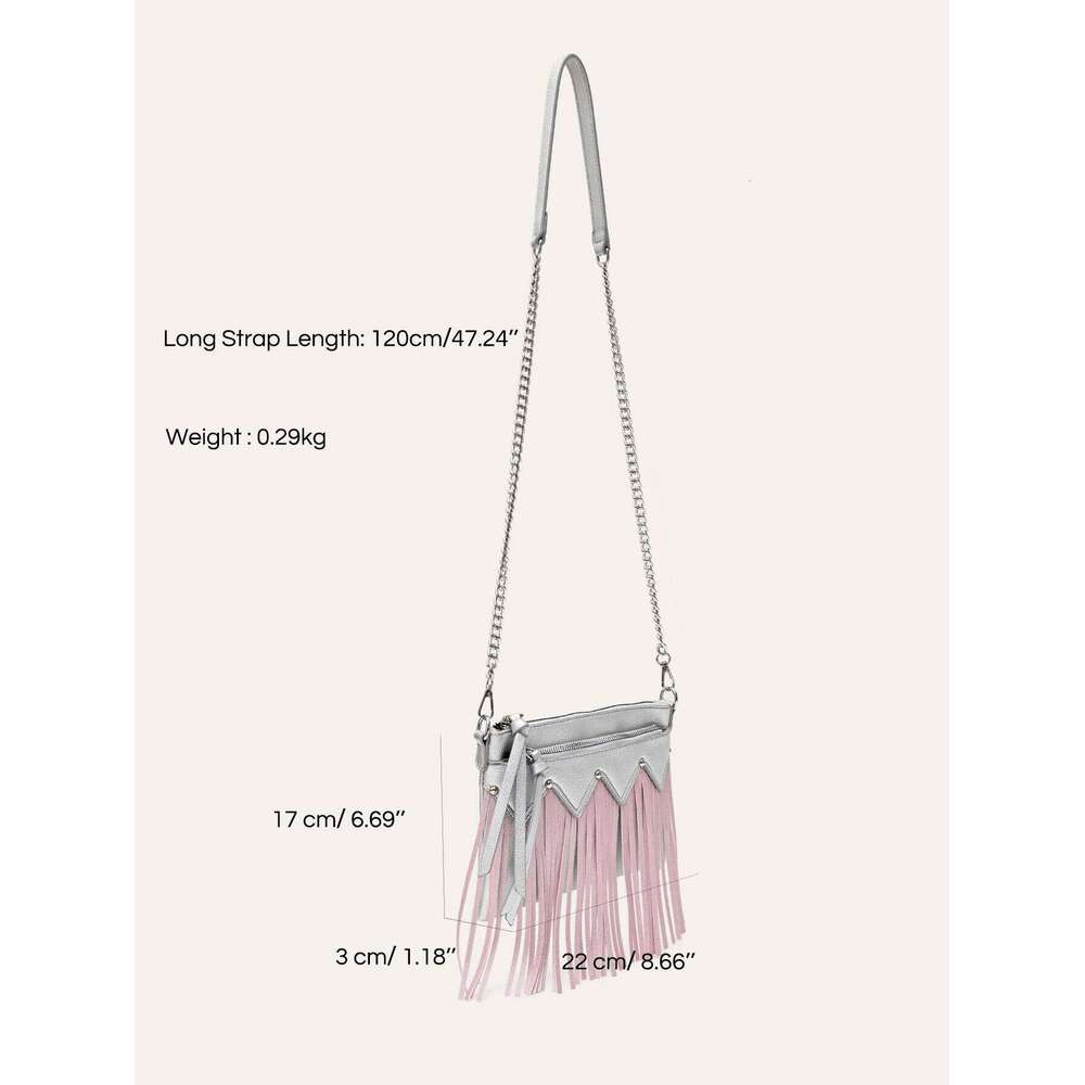 CEZIRA Fashion Chic Metallic PU Leather Contrast Color Tassel Handbag For Women Fringe Studded Chain Cross Body Bag Boho Casual