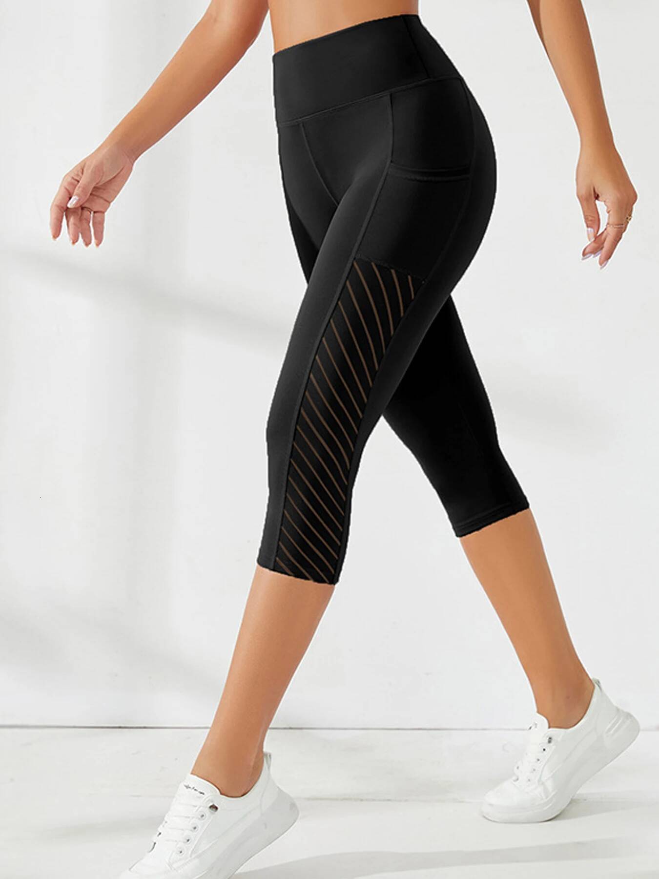 Side Pockets Calf Length Yoga Solid Color high elasticity Leggings High Waist For Women Tummy Control Workout Pants