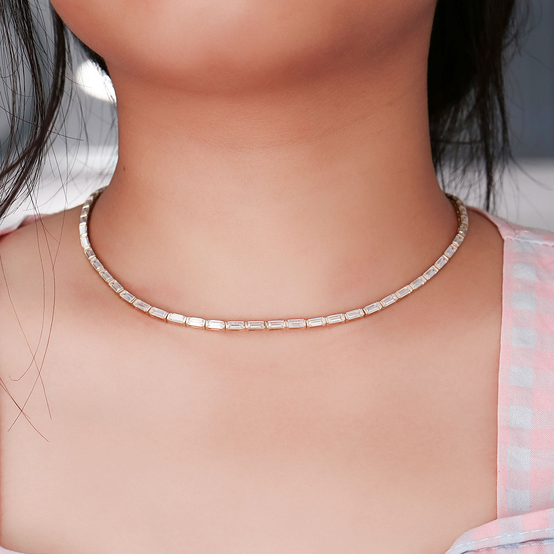 Provence Jewelry Custom Fashion Female Gift Jewelry 2.5mm Solid14K Yellow Gold DEF VVS Lab Grown Diamond Baguette Tennis Necklace for Valentine's