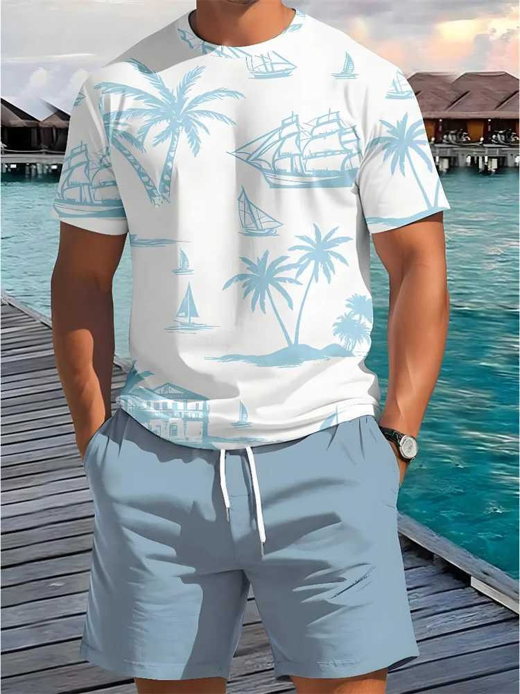 Summer 2 Piece Casual Everyday Mens Short Sleeve Shorts Set Hawaiian Printed Mens T-shirt Outdoor Sports Mens Beach Shorts W250609