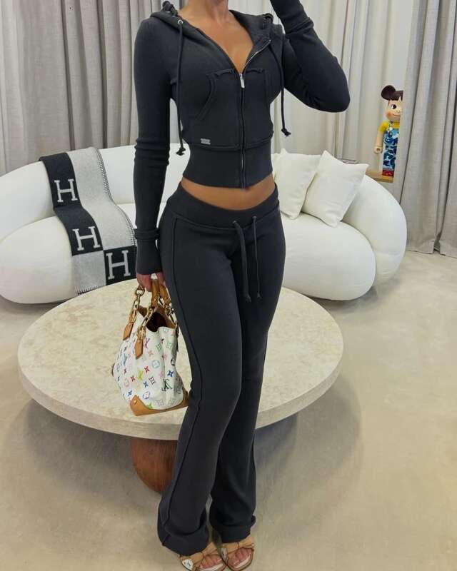 2 Two Piece Lounge Set Women Clothing Elegant Tracksuit Drawstring Hoodie Zip Crop Jacket and Flared Pants Outfit Matching Sets