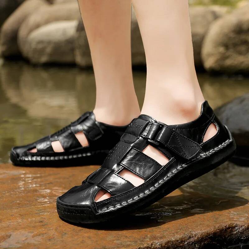 Ddmyoutdoor New Genuine Leather Men S Beach Large Size Breathable Sandals Retro Handsewn Baotou Casual Fashion Handmade Shoes Outdoor Shoes
