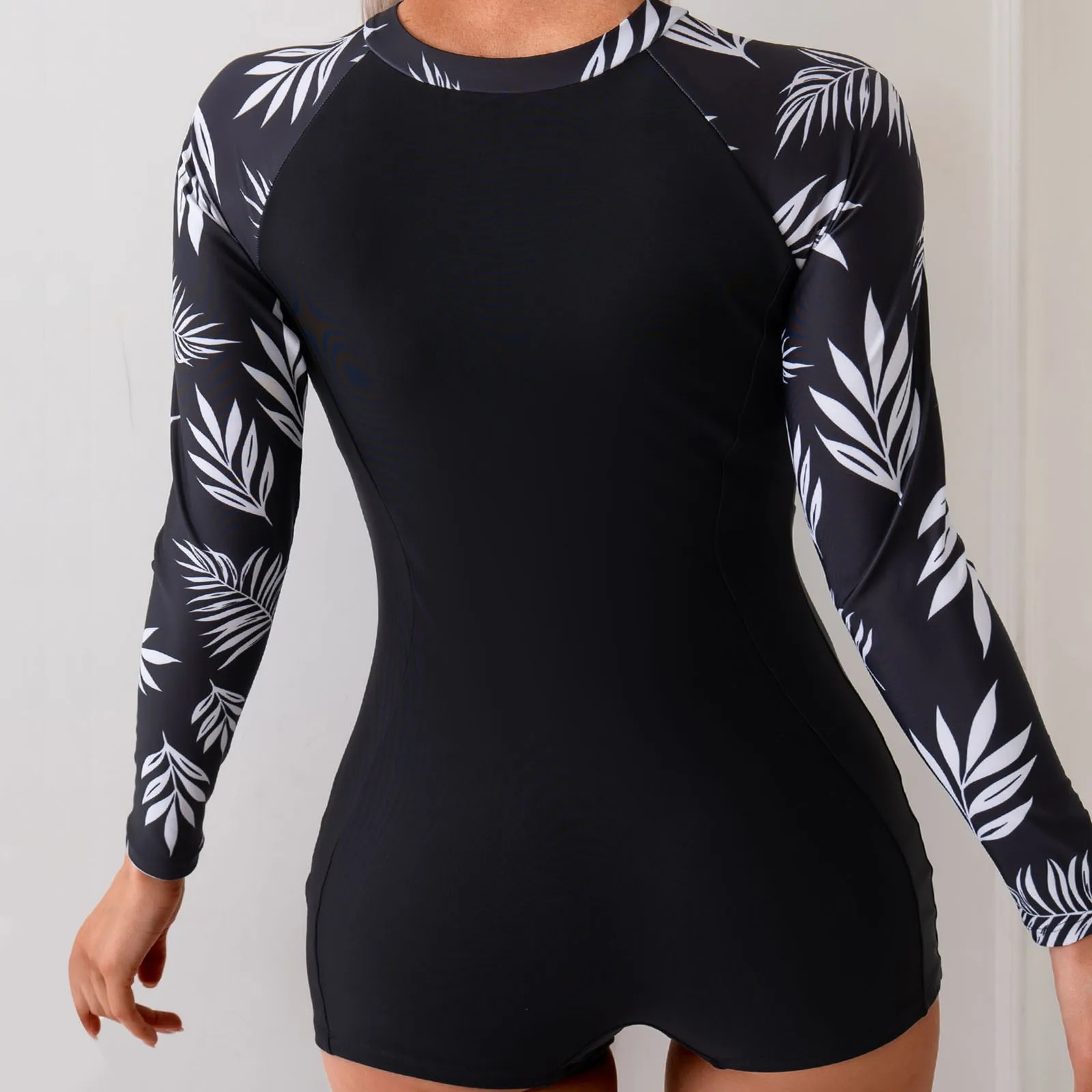 2025 Womens Swimsuit Ladies Fashion Leaf Printed Long Sleeve Concealed Tankini Split Swimsuits Summer Selling 250530