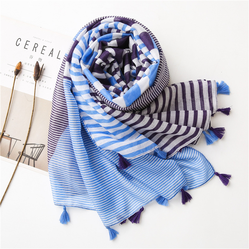 K946 Striped color matching cotton and linen scarf new style silk scarf women winter warm Korean style fashion shawl scarf spring and autumn thin