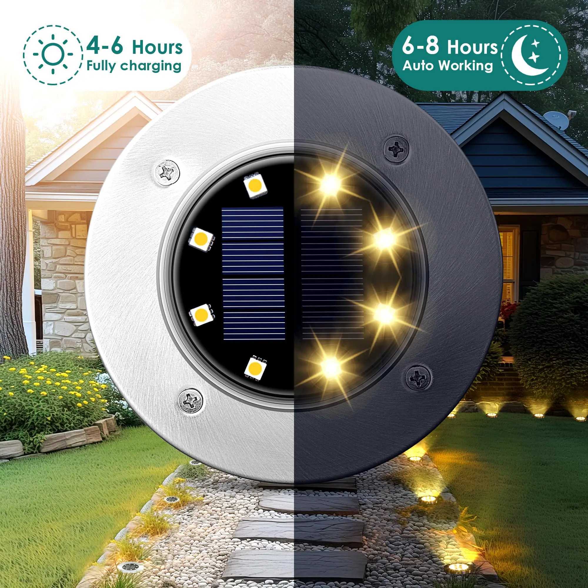 8LED Solar Garden Lights Outdoor Waterproof Sidewalk Disk Bright In-Ground Landscape Lighting for Lawn Patio Pathway Yard Steps XJ250606