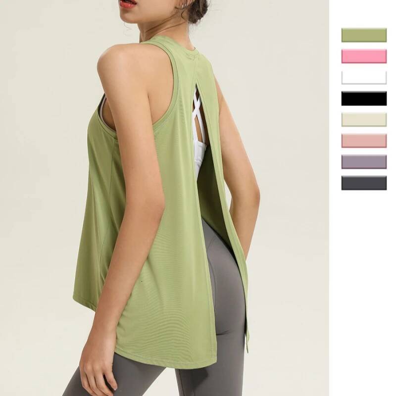 Women's Loose Quick Dry Sleeveless Tank Top Back Slit Knotable Thin Sports T Shirt For Running Yoga Tennis