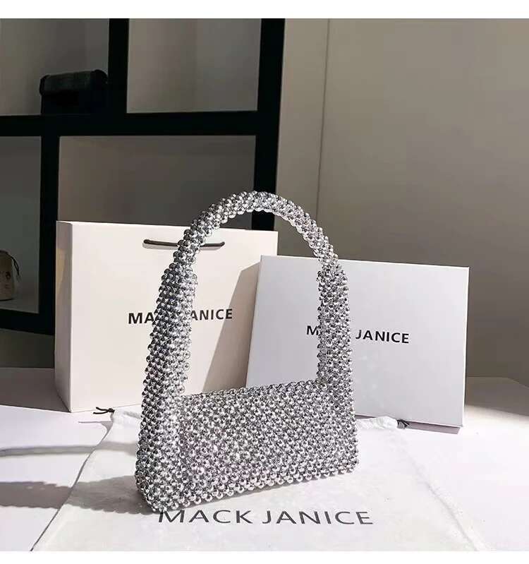 Glitter Shiny Acrylic Beads Beading Woven Handmade Evening Women's Handbag Wedding Party Clutch Purse Shoulder Underarm Bag