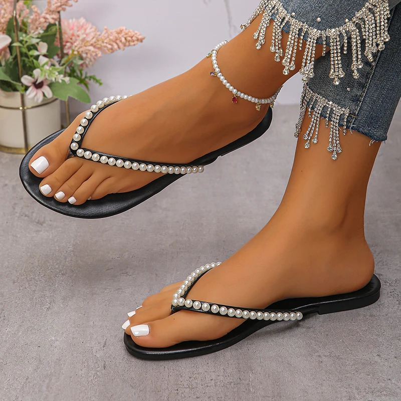 Summer Beach Pearl Decor Flip Flops Women Fashion Black Flat Clip Toe Slippers Female Plus Size Non Slip Pu Leather Slides Mujer 250603
