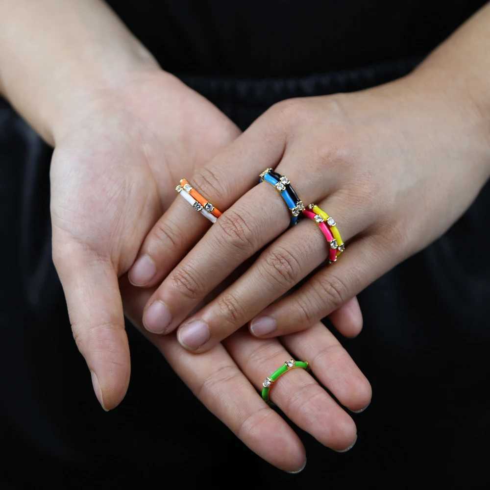 Colorful Enamel Gold Color Band Ring For Women Girl Neon CZ Stack Stacking Finger Rings W250606