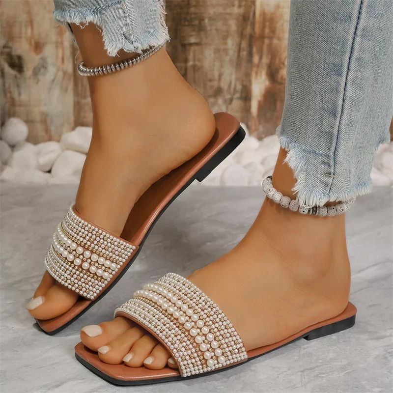 summer fashionable sexy light casual womens shoes large size comfortable square head pearl decoration solid color flat slippers 250603