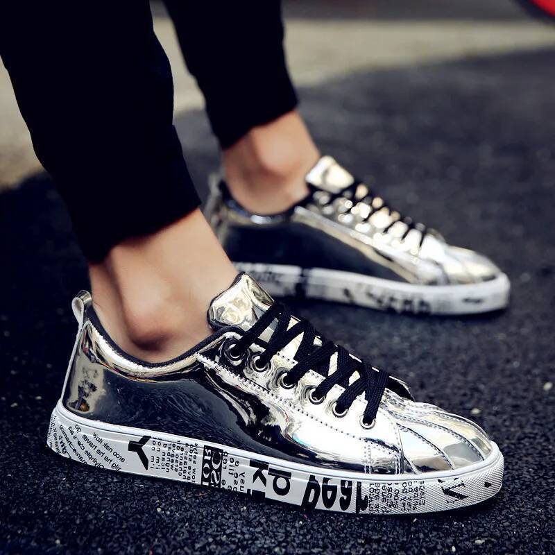 Ddmyoutdoor Gold Sier Black Leather Casual Men Bling Hip Hop Couple Shoes Lace Up Sneakers Outdoor Footwear Street Shoes Outdoor