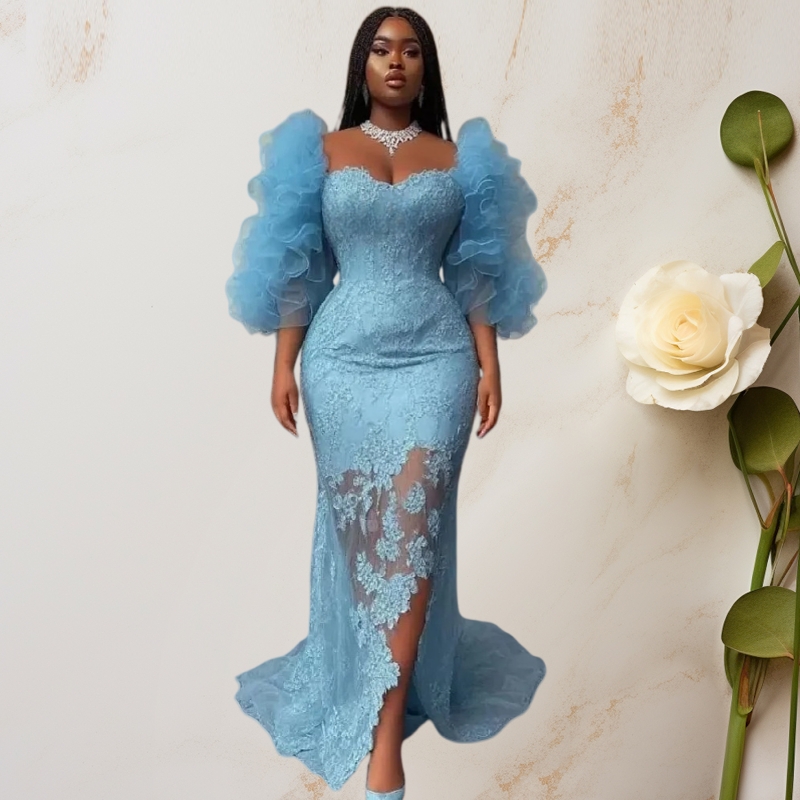 Aso Ebi Lace Prom Dresses With Tiers Tulle Sleeves Appliques Light Sky Blue Evening Gown Side Slit Black Girls Special Occasion Dress Back Lace-Up