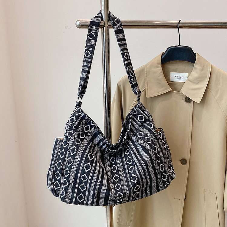 Large Capacity Ethnic Style Crossbody Women Fashion Printed Knitted Fabric Shoulder Casual Trendy Tote Bag for Going Out