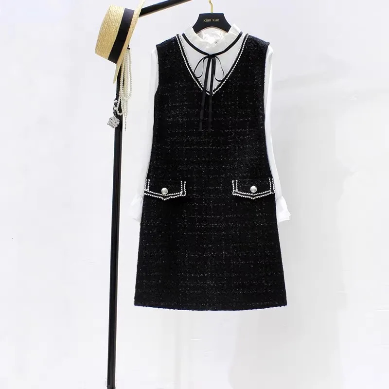 Womens Autumn Winter 5XL Black High Quality Tweed Fragrant Sleeveless Tank Top Dress Party Vestidos 250603
