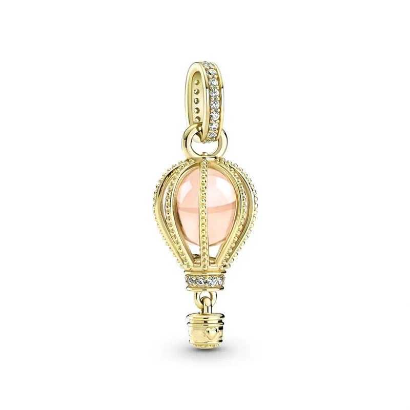 New Gold Plate Sparkling Pink Hot Air Balloon Lucky Horn Dangle Charm Fit Original 925 Sterling Silver Women Bracelet Jewelry XJ250607