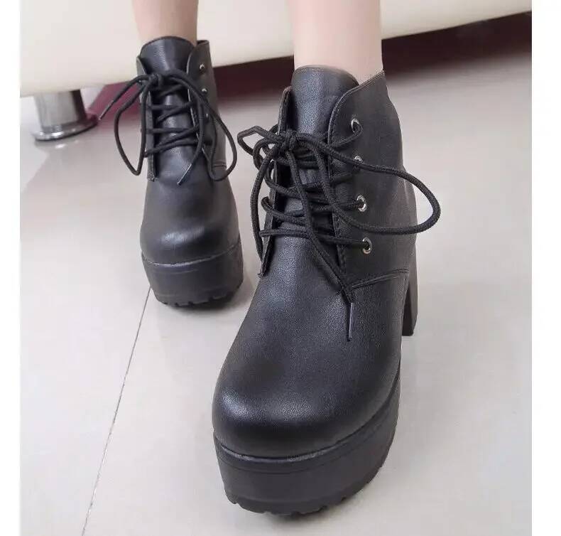 Ddmyoutdoor Women New Fashion Black White Punk Rock Lace Up Platform Heels Ankle Boots Thick Heel Platform Shoes Sdc Outdoor
