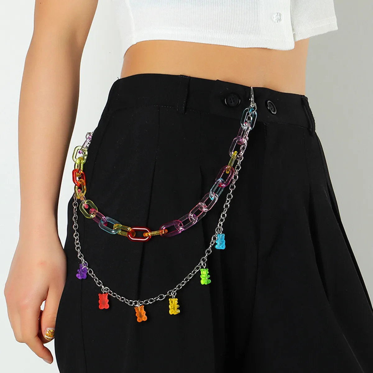 Hip Hop Rainbow Resin Chain Keychain Men Women Cute Waist Chain Multicolor Acrylic Flower Pants Trousers Chain Punk Jewelry 250606