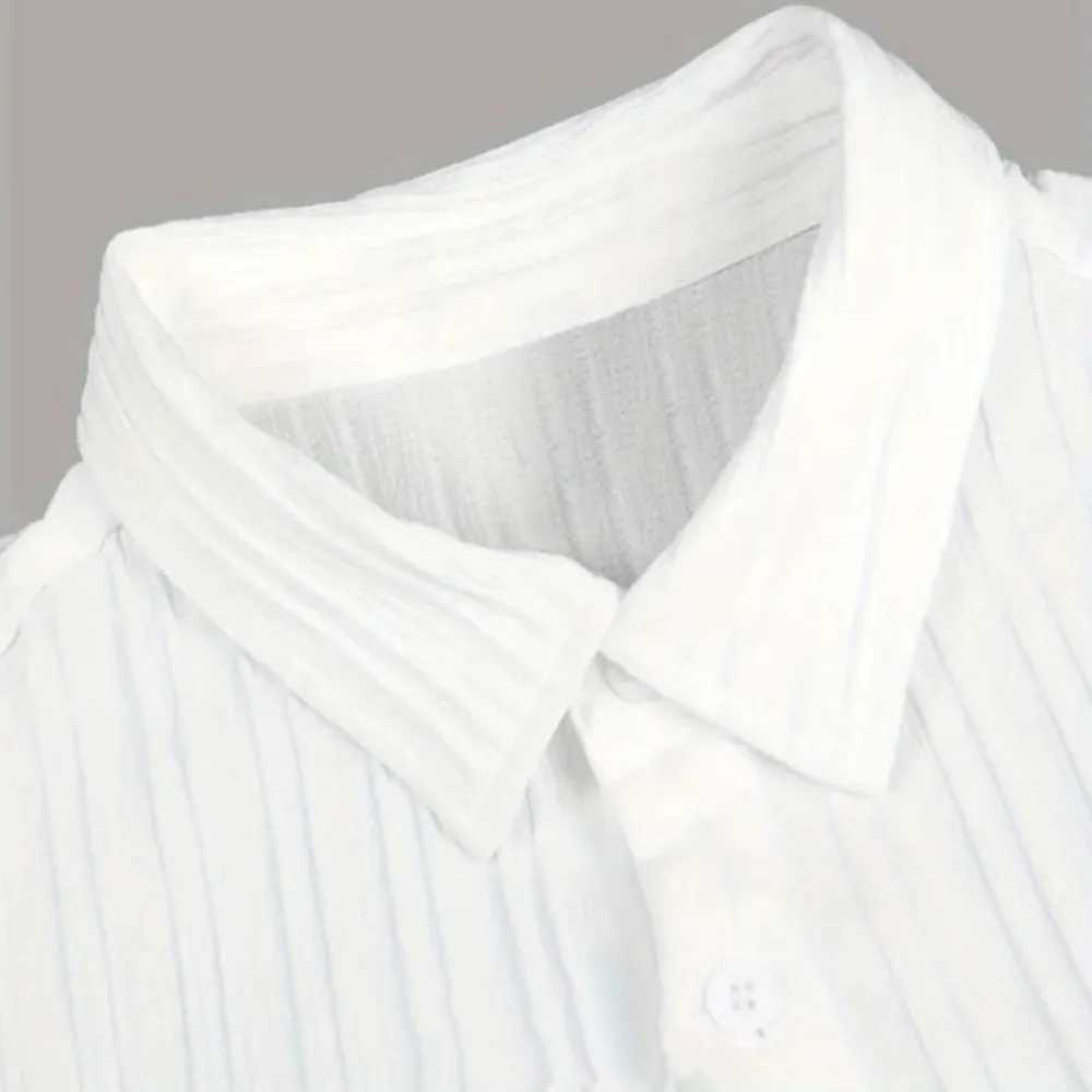 2025 Mens Striped Short-sleeved Shirt and Breasted Lapel Suit Mens Fashion Trendy Style Mens Casual Waffle Shirt Suit W250609