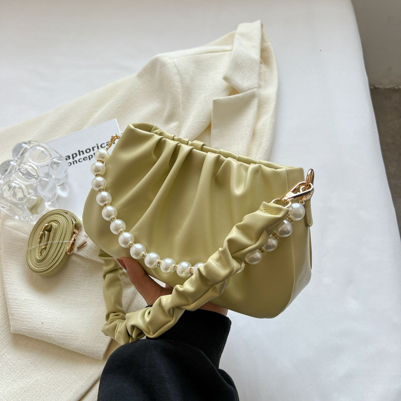 designer French Style Versatile White Pleated Cloud Small Bag for Women 2025 New Pearl Chain Underarm Bag Single Shoulder Crossbody Bag