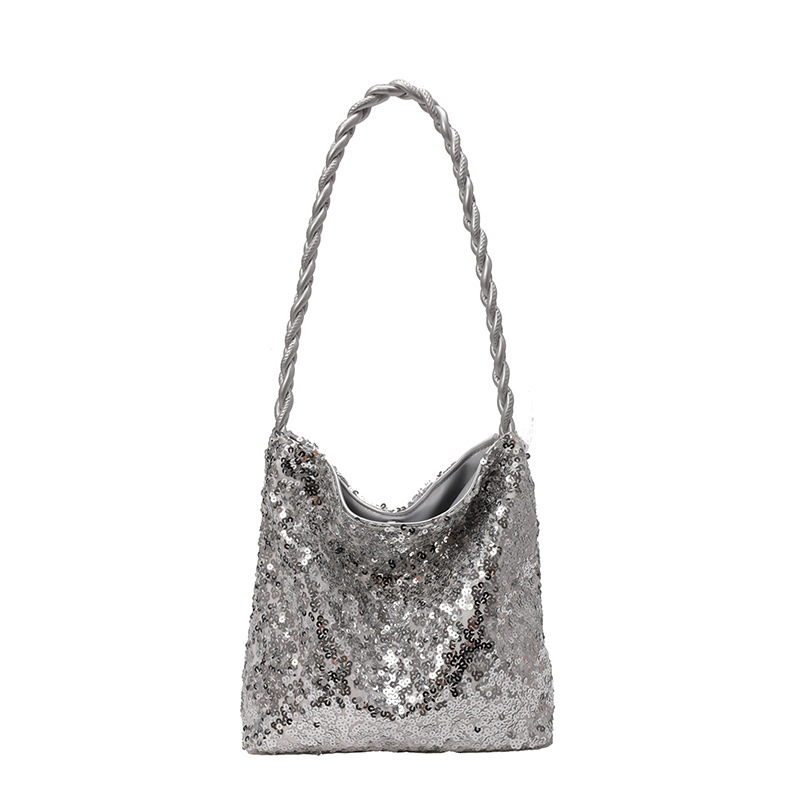 designer Niche Textured Sequin Bag for Women 2025 New Trend Summer Shoulder Crossbody Bag Fashionable Silver Underarm Bucket Bag