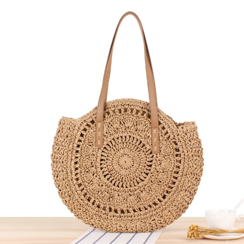 Summer Round Straw Women Vacation Woven Beach Shoulder Bag Large Capacity Hollow Out Simple Tote Travel Handbags 250605