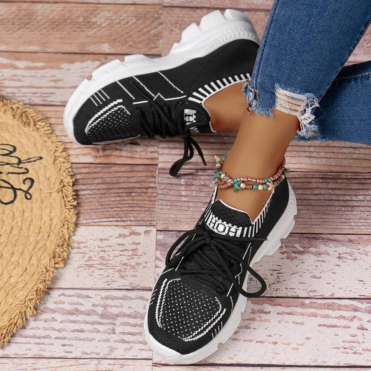 ddmyoutdoor Sneakers Women Mesh Elastic Fly Knit Thick Soft Sole Shoes Ladies Casual Breathable Lace Up Sports Zapatos De Mujer Summer Outdoor Outdoor