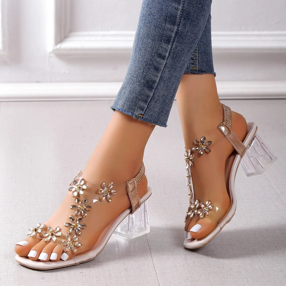 Women;s Sandals Pvc Crystal Flower Shoes for Women Decoration Chunky Heel Sandals Ladies Back Strap Fashion Shoes Female2024 250605