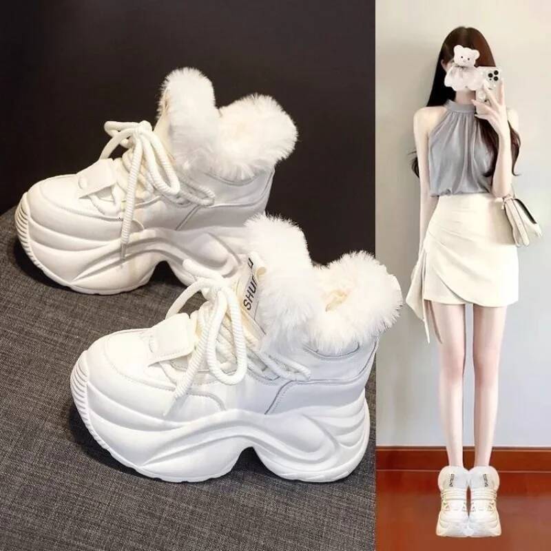 Ddmyoutdoor Winter Women S Warm Increase Height Prevent Slipping Outdoor Snow Boots Comfortable Plush New High Top Lace Up Sneakers Outdoor Shoes