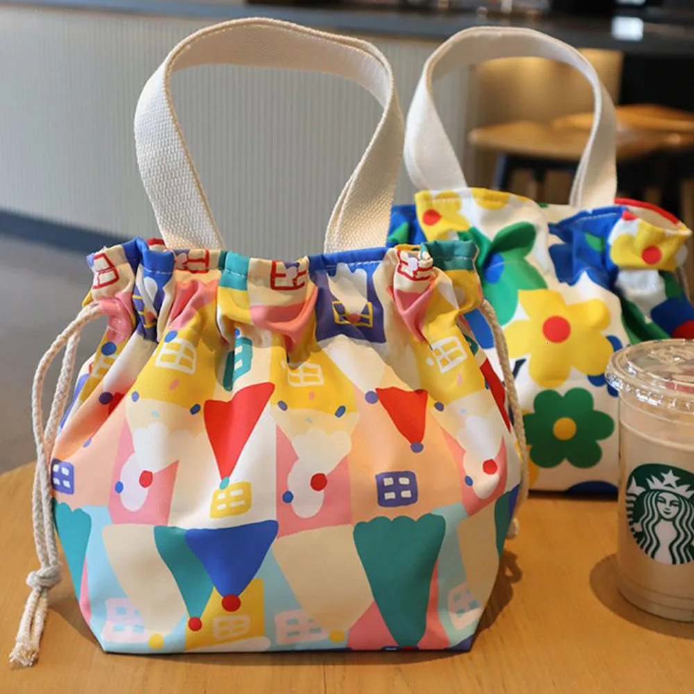Lunch Bag Cartoon Flowers Canvas Lunch Box Drawstring Picnic Tote Eco Bento Bag Small Handbag Dinner Container Food Storage Bags 250606