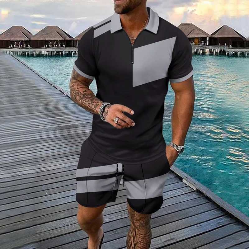 Mens fashion casual light luxury POLO shirt set summer lapel short-sleeved Half zipper sports trend slim-fit mens T-shirt W250609