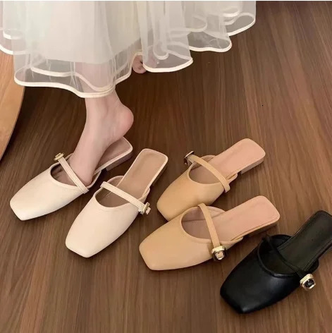 Summer French Gentle Baotou Half Slippers Women Casual Versatile Flat Bottom Shallow Mouth Single Shoes For Women 250603