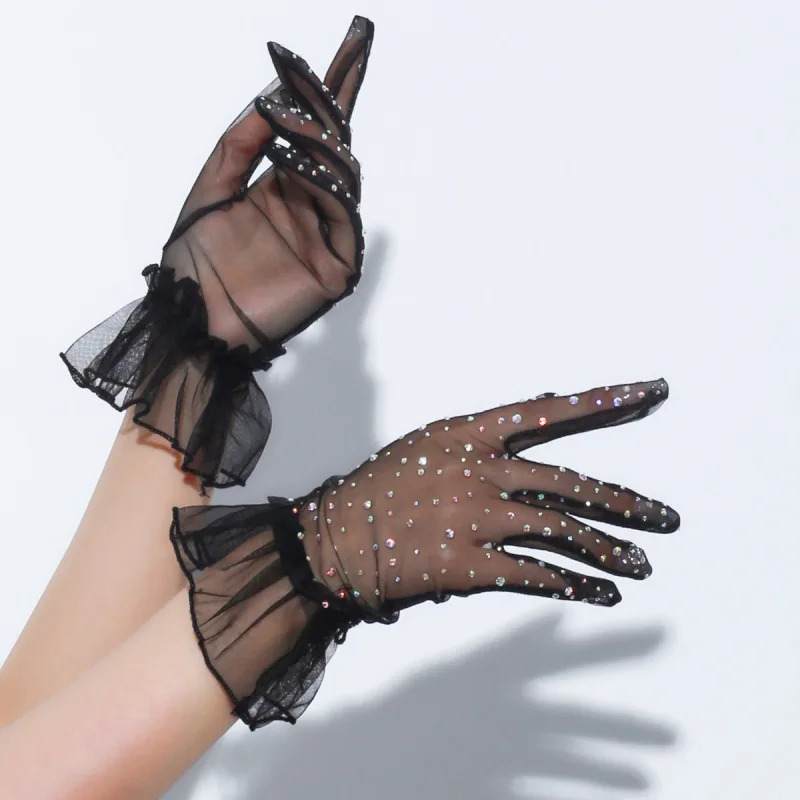 Women Sexy Transparent Shiny Pole Dancing High Stretch Gloves Stage Performance Cosplay Mesh Lolita Elegant Short Ruffle 250603