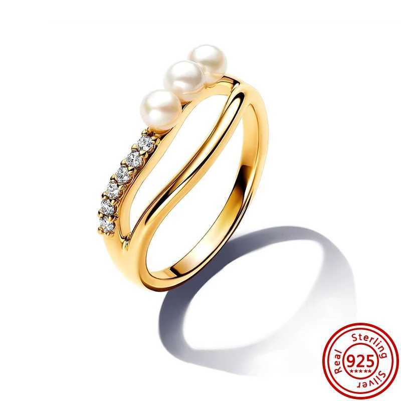 New 925 Sterling Silver Sparkling Golden Ring Love Zircon Pearl Black And White Stars Two Piece Set Charm Rings Jewelry Gift XJ250606