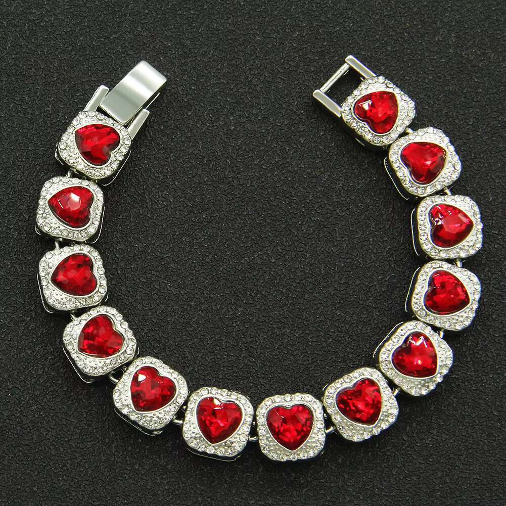 Personal Trendy Red Diamond Cuban Chain Necklace with Heart Fashion Tennis Bracelets Accessories